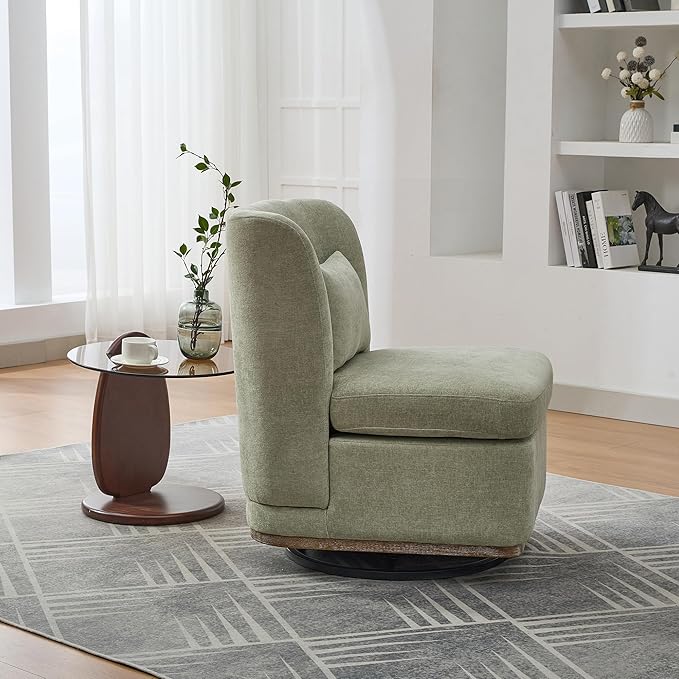Modern Swivel Accent Chair 25.2 Wide Chenille Upholstered Armless Sofa Chair with Pillow 360° Swivel Reading Chair with Metal Base for Living Room Family Room Bedroom Lounge Area Office Pale Green