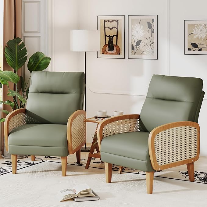 Andeworld Accent Chair Set of 2Upholstered Modern Living Room Chairs with Natural Rattan Arm Faux Leather Arm Chair with Wooden Legs for Bedroom Club Balcony Reception Green