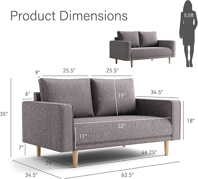 Furniture of America Oriana Contemporary Boucle Loveseat Couch with Back Pillows and Wooden Legs Comfy Fabric Upholstered Small Sofa for Living Room Bedroom Home Office Charcoal Gray