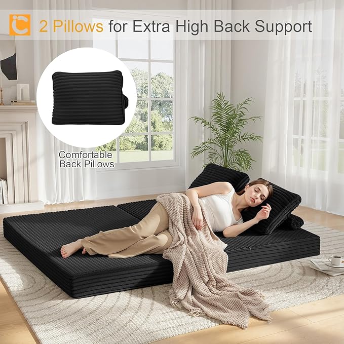 COMAX Convertible Sofa Bed Folding Floor Couch Corduroy Fold Out Couch Bed Futon Sleeper Mattress with Pillows Boneless Sofa Comfy Lounge Loveseat for Living Room Bedroom Plush Black
