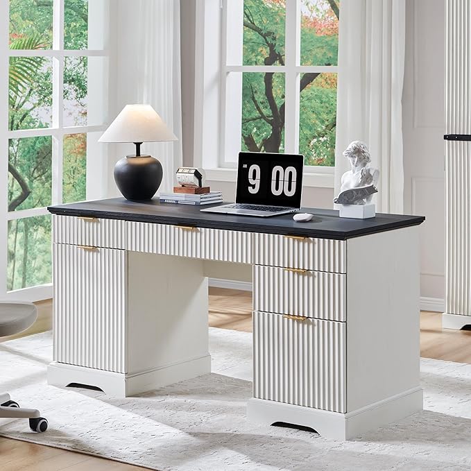 JXQTLINGMU Modern Executive Desk with Storage Wood Home Office Desk with 5 Drawers &amp 1 Cabinet Fluted Computer Writing Desk for Study Living Room Bedroom
