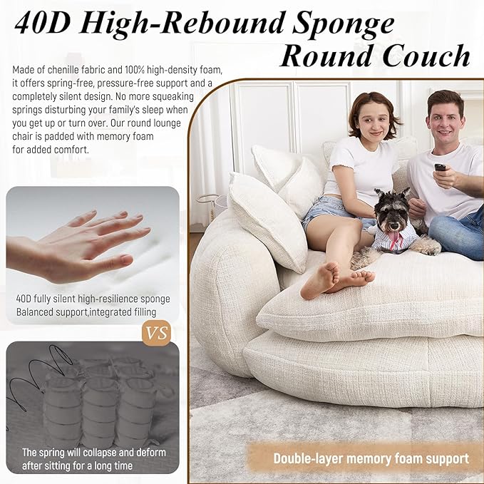 81'' Cloud Couches for Living Room Comfy Circle Round Couch Bed with 14 Pillows Upholstered Boneless Couch Oversized Chaise Lounge Chair Indoor Extra Wide Round Daybed Floor Sofa (White)