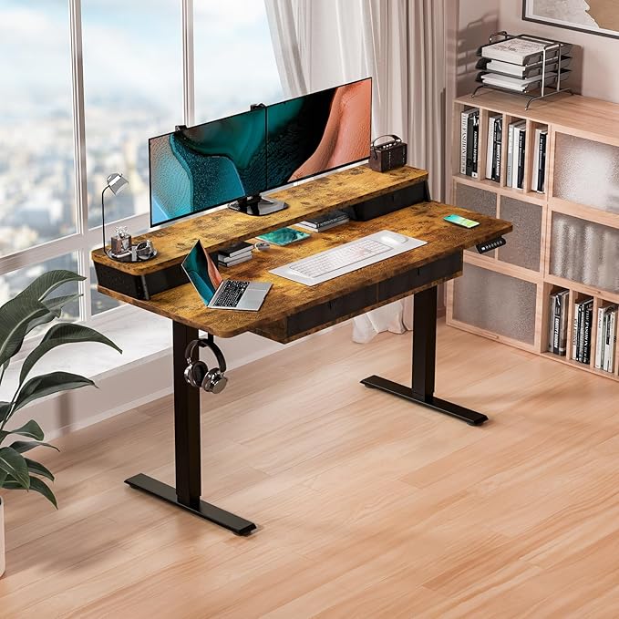 Kingant 55 x 24 Inch Electric Standing Desk with 4 Drawers Height Adjustable Sit to Stand Computer Desk with Storage Shelf and C-Clamp Mount Compatibility for Home Office Rustic Brown