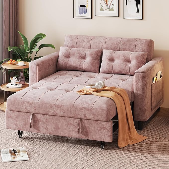 KKL 3 in 1 Convertible Sleeper Sofa Bed Pull Out Couch Bed with Adjustable Backrest Chenille Loveseat Couches with Side Pocket for Living Room Bedroom (Pink)
