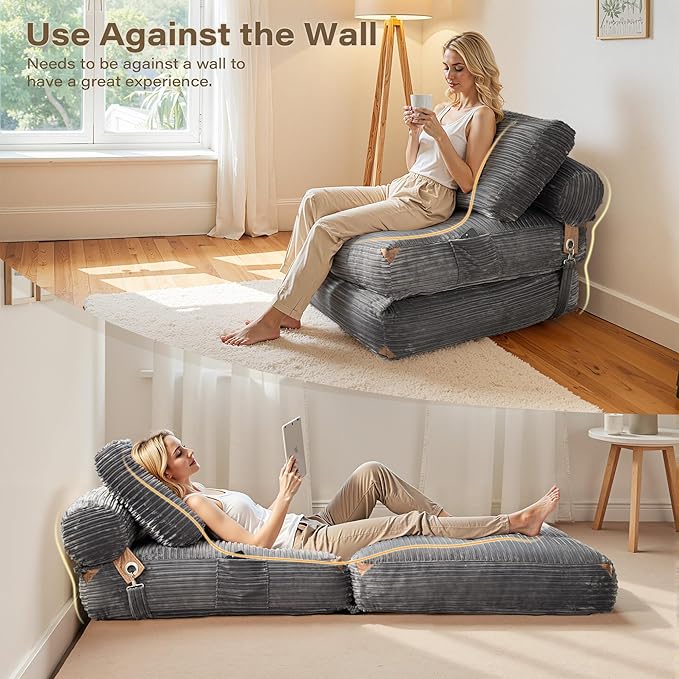 75'' Foldable Sofa BedConvertible Folding Sleeper Chair BedGrey Foldable Single Sofa Foam Filling Couch with Pillow Comfy Corduroy Lazy Floor Sofa for Small Room Bedroom Apartment