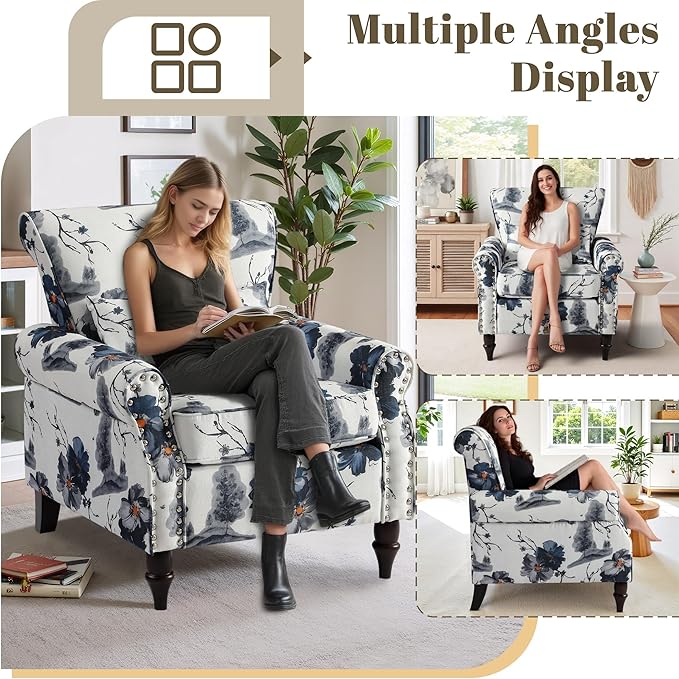 Oversized Floral Accent Chair with Extra Lumbar Pillow Upholstered Living Room Armchair with Wooden Legs Comfy Reading Lounge Chair for Bedroom Home Office (Blue Floral Pattern)