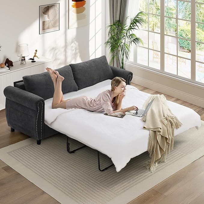 Pull Out Sofa Bed with Mattress Included Convertible Futon Oversized Chenille 3 Seater Loveseat Sleeper Sofa Couch Bed with Rivet Decoration &amp Rolled Arms for Guest Room Office Living Room Dark