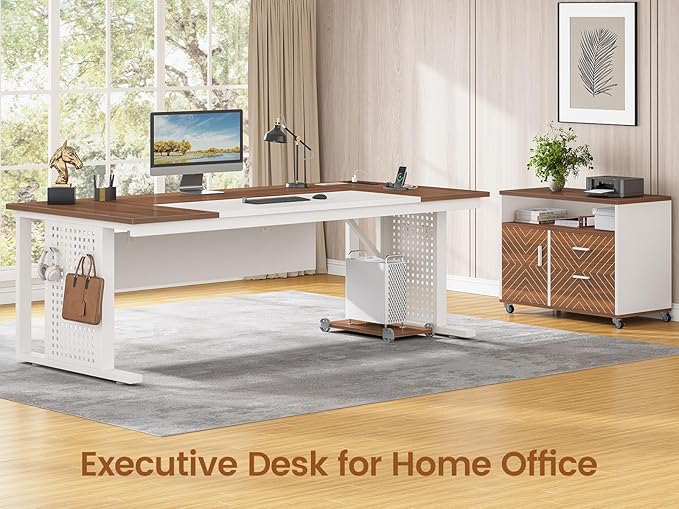 SEDETA 71 Executive Desk with Rolling File Cabinet Large Office Desk with Drawers L Shaped Computer Desk with Power Outlets CPU Stand Pegboard and Storage Shelves White