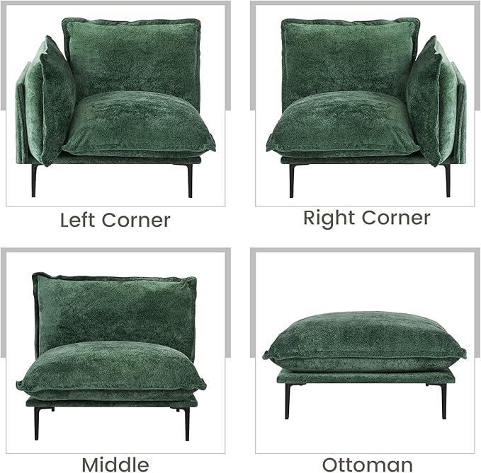 WJShome Modular Velvet Sectional Sofa with Chaise 74 Modern L-Shaped Couch for Living Room 3-Seater Sofa with Removable Cushions and 8 High Metal Legs Easy to Clean Green