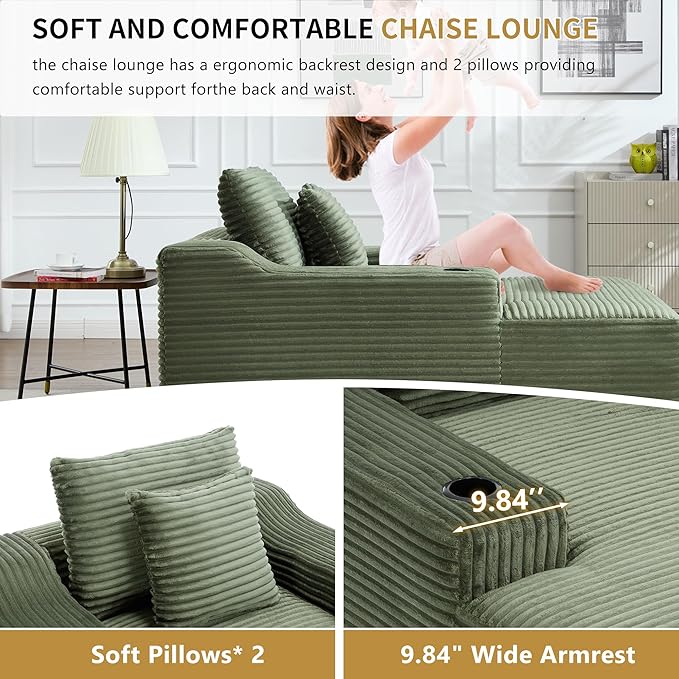 Boneless CouchComfy Fluffy Sofa BedUpholstered Sleeper Sofa Couch with Throw Pillows and ArmrestsCorduroy Plush Cloud Couches with Cup Holder Green