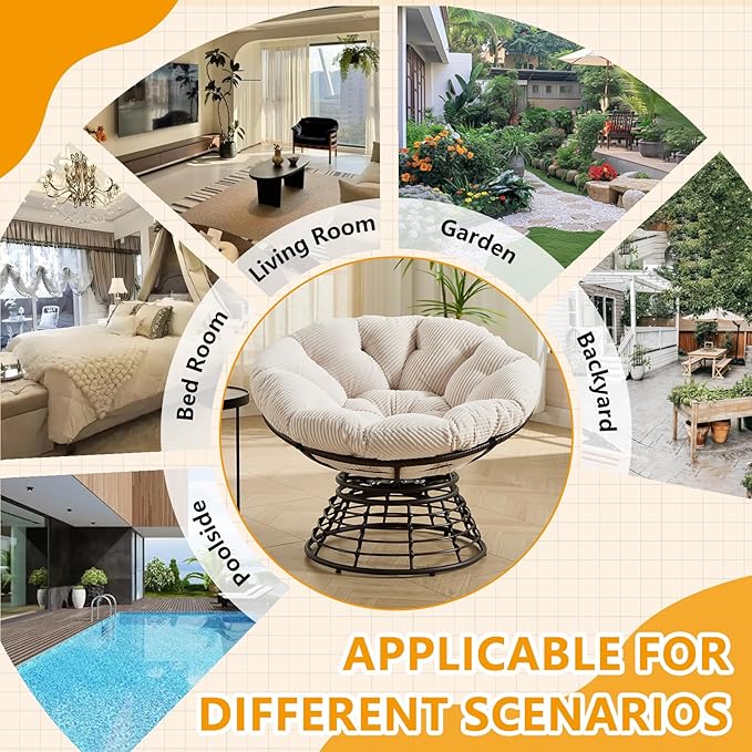 36” Papasan Chair with Cushion and Frame Oversized Papasan Chairs 360° Swivel Olefin Adjustable Feet Suitable for Living Room Patio Bedroom Indoor/Outdoor (White)