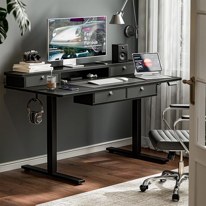 Grandder 47 x 28 inch Electric Standing Desk with 4 Drawers Sit Stand Up Desk Adjustable Height with Storage Shelf for Home Office Ergonomic Adjustable Desk with Splice Board Black