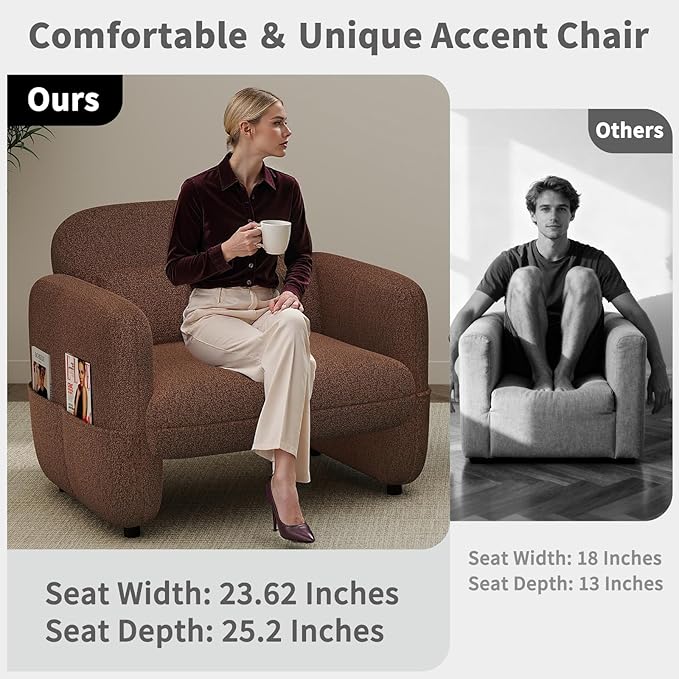 33.46 Accent Chair Oversized Sherpa Lamb Fabric Armchair Big Comfy Upholstered Armed Chair Single Sofa Chair with Waist Pillow for Bedroom Living Room (Dark Brown)