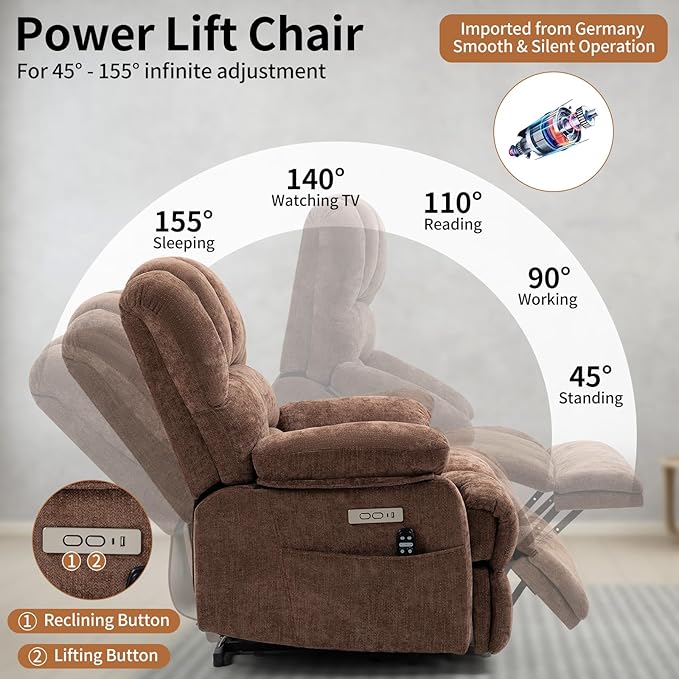 Power Recliner with Vibration Massage &amp Lumbar Heat Electric Lift Chairs for Elderly High Back Reclining Max 155 Degree with Charging Ports Chenille Fabric Brown