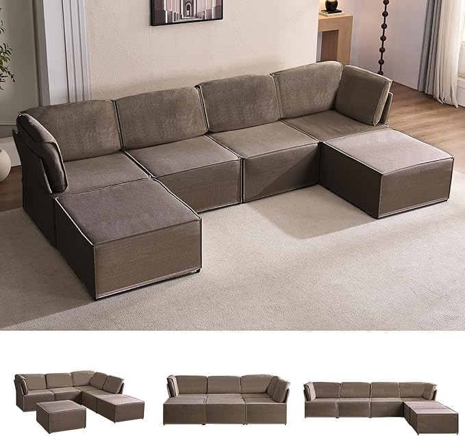 CECER Modular Sectional Sofa U Shaped Convertible Couch Sofa with Reversible Chaises Queen Sleeper Sofa Modular Oversized Sofa Couches for Living Room (Brown)
