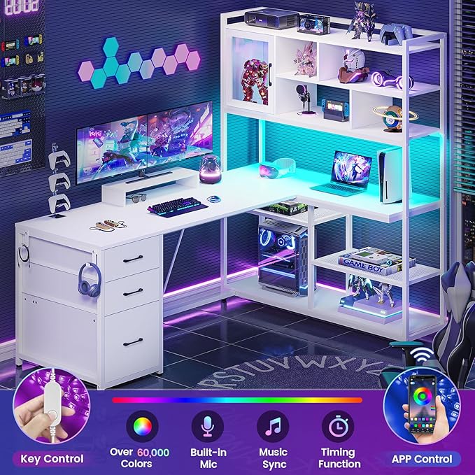SEDETA L Shaped Computer Desk 58'' Office Desk with 3 Drawers and Bookshelf L Shaped Corner Desk with Storage Shelves and LED Light for Home Office Gaming Desk L Desk White
