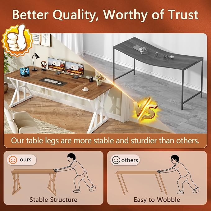 TVU Computer Desk 63 inch Large Office Desk Study Writing Table with Thicken Frame Gaming Desk Modern Simple Desk for Home Office Brown