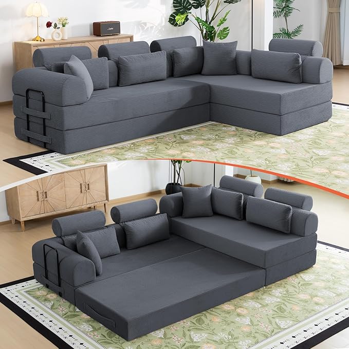 106 L-Shaped Modular Boneless Couch 2-Piece System (2×70.87) Convertible Sectional to 141.7 Straight Sofa Corduroy Couch in a Box Headrest &amp Back Pillows for Living Room Dark Blue