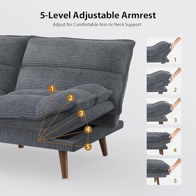 Pipishell Futon Sofa Bed Convertible Futon Adjustable Backrest &amp Armrests Corduroy Sleeper Couch for Small Spaces Living Room Office Guest Room (Asphalt Grey 66 Inch)