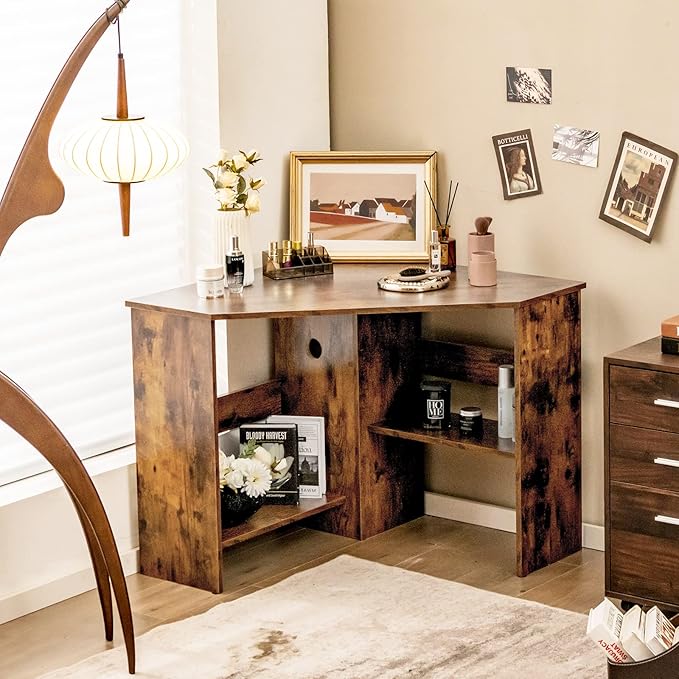 LDAILY Corner Desk Space Saving 90 Degree Triangle Computer Desk with Storage Shelves &amp Cable Holes Wood Compact Corner Writing Table for Small Spaces Home Office Bedroom &amp Living Room Co