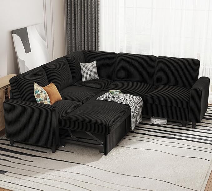 KKL Sleeper Sofa with Pull Out Bed Corduroy Sectional Couches for Living Room Modular Sectional Sofa with Storage L Shaped Sectional Sleeper Sofa Couch Black