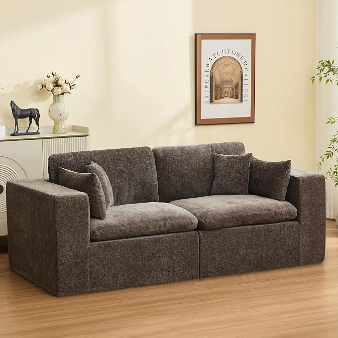 88''Cloud Boneless Modular Sectional Sofa Deep Seat Sectional Couch Upholstered Convertible Comfy Memory Foam Sofa Loveseat Chenille Memory Foam Couches for Living Room Brown