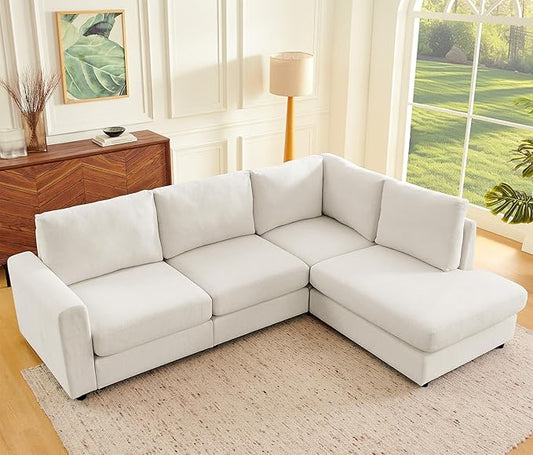 100” L-Shaped Couch with Reversible Chaise Chenille Modular Sectional Sofa 4-Seater Corner Couch for Living Room Apartment Beige