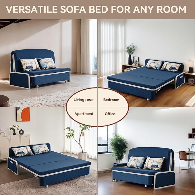 60 Full Size Loveseat Couch Bed 3 in 1 Convertible Pull Out Sleeper Sofa Bed with Storage Trundle and 2 Pillows for Living Room Bedroom Dorm Office RV (Midnight Navy-909)