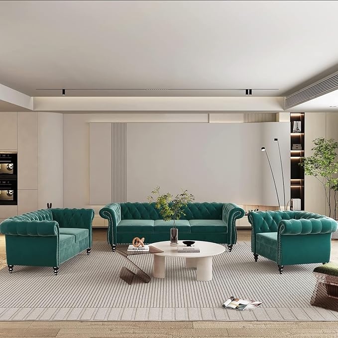 Chesterfield Loveseat Sofa Modern Velvet Small Sofa Couch 2 Seater with Rolled Arms and Nailhead Mid Century Modern Loveseat Couch for Small Spaces Living Room Bedroom Apartment Green