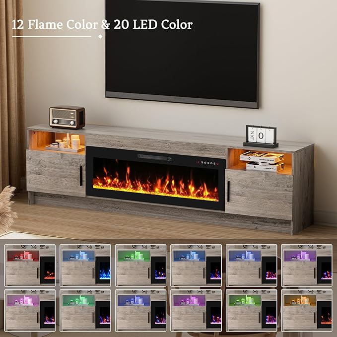 80'' TV Stand with 42''Fireplace-Grey Entertainment Center for 90 inch TV- TV Cabinet with LED Light Storage High Glossy Door Rustic TV Console for Living Room