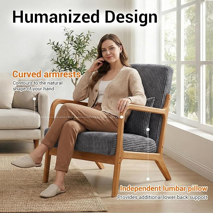 Accent Chair with Side Table Comfy Arm Chair with Solid Wood Frame Upholstered Mid-Century Modern Chair for Living Room Bedroom Waiting Room Gray