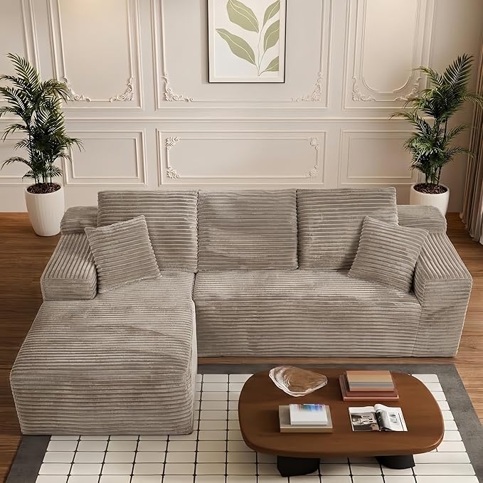 107 L-Shaped 6-Sea Modular Sectional Sofa Cloud Boneless Deep Seat Corduroy Couch with Left Facing Chaise Lounge Flexible Modular Design No Assembly for Living Room Brown