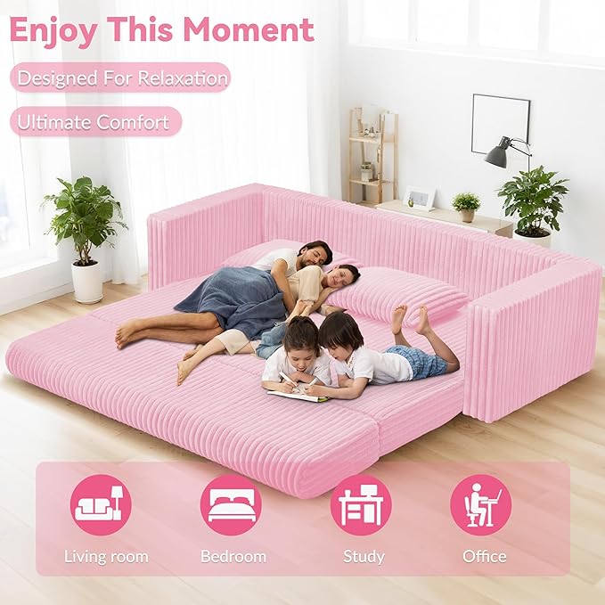 HABUTWAY Folding Sofa Bed 2 in 1 Convertible Sleeper Chair with 2 Pillows Portable Fold Out Chair Bed with Armrest Comfy Floor Couch Lazy Sofa for Living Room Bedroom Dorm Home Office Pink