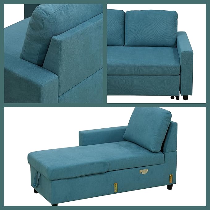 Sleeper Sofa Couch 2 in 1 Pull Out Couch Bed with Storage Chaise Small L Shaped Sectional Sleeper Sofas Bed Convertible Pullout Sofa for Living Room Blue