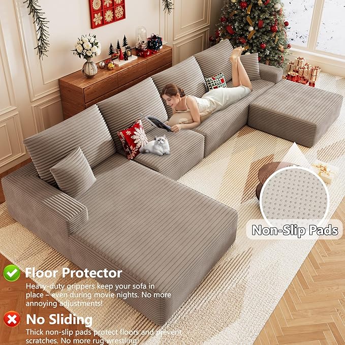 136 Boneless Cloud Couch with OttomanMoudular Sectional Sofa with Deep SeatModern Minimalist Sofas with 4 SeaterCorduroy U Shaped Couches for Living RoomNo Assembly(CamelLeft Facing Chaise)