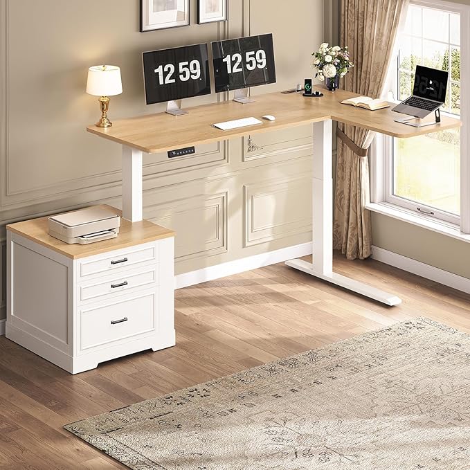 SEDETA Farmhouse L Shaped Electric Standing Desk 70.9 x 39.4 Height Adjustable Office Executive Desk with 3 Drawers Standing Computer Desks with Power Outlet for Home Office Oak