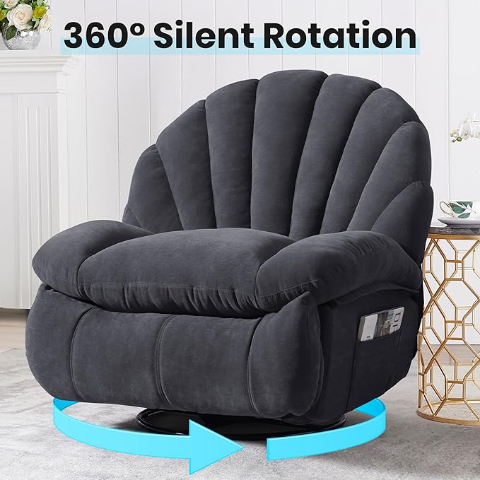 Swivel Rocker Recliner Chair – Shell Shape Manual Big Tall Single 360° Swivel Reclining Sofa with Storage Pockets | Small Space-Friendly for Living Room/Bedroom (NO Massage &amp Heat Gray)