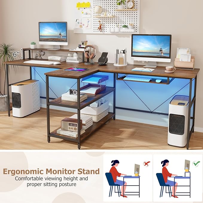 Giantex 94.5” 2 Person Desk with LED Lights Long PC Study Desk with Storage Shelves Power Outlets Keyboard Tray &amp Monitor Stand Double Computer Desk Workstation for Home Office (Rustic Brown)