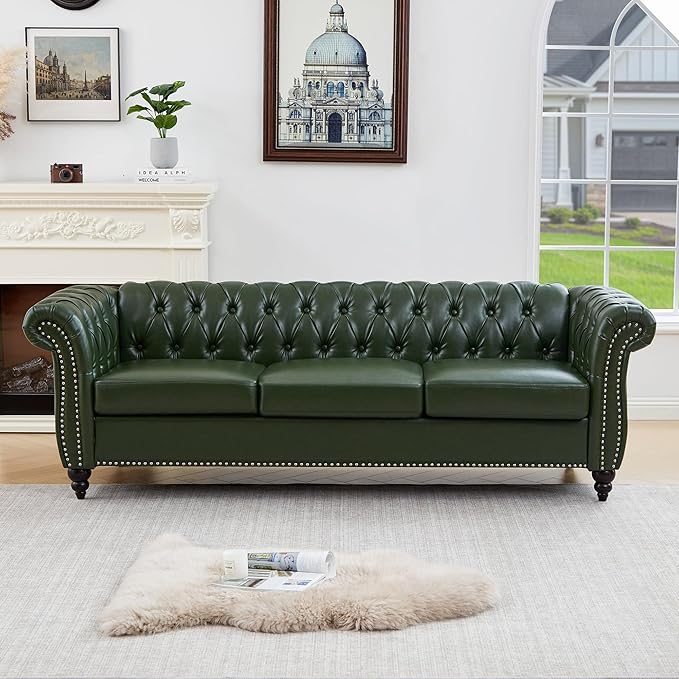 ORRD Chesterfield Sofa Leather Modern Faux PU Tufted Couch 3 Seater with Rolled Arms and Nailhead for Living Room Bedroom Office Apartment (Green)