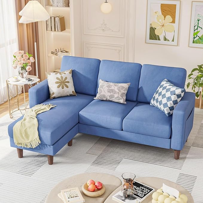 Homall Convertible Sectional Sofa 3 Seat L Shaped Couch with Side Storage Pocket Sofas with Movable Ottoman Small Linen Couches for Living Room &amp Apartment (Linen Fabric Blue)