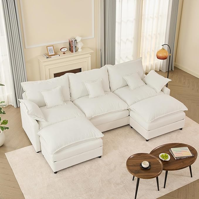 108 U Shaped Couch Modular Sectional Sofa 3-Seater Comfy Cloud Couch Set of Modular Pieces with Movable Ottoman Deep Seat Couches for Living Room Chenille Ivory