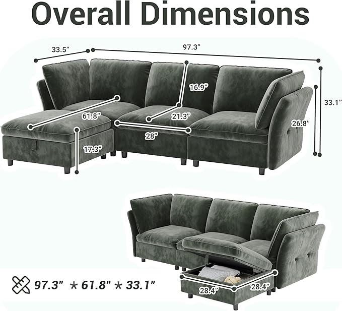 97 Modular L-Shaped Sectional Cloud Couch with Storage Ottoman - Velvet Deep Seating Sofa Set with Pillows Convertible 3-Seater for Living Room Apartment Office (Green)
