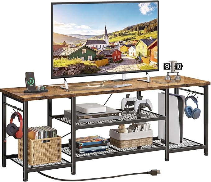 YGEOMER TV Stand for Up to 65 Inch TVs Entertainment Center with Power Outlet and Open Storage Shelves TV Media Console Table for Living Room and Bedroom Rustic Brown