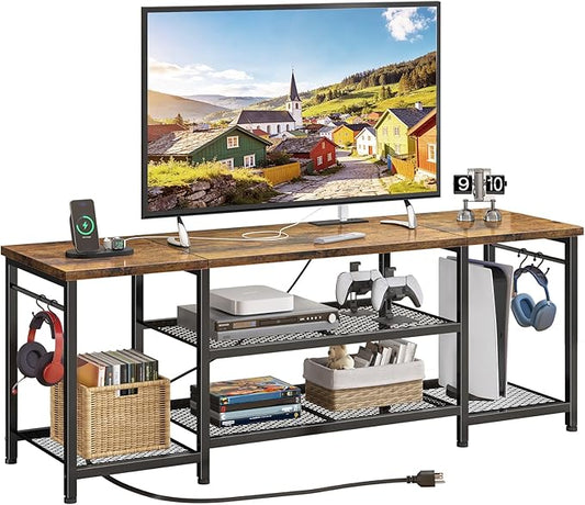 YGEOMER TV Stand for Up to 65 Inch TVs Entertainment Center with Power Outlet and Open Storage Shelves TV Media Console Table for Living Room and Bedroom Rustic Brown