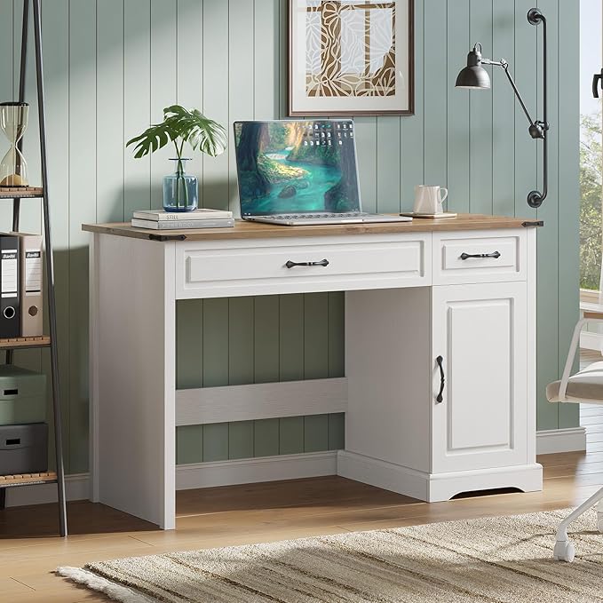 CuisinSmart 47 Farmhouse Executive Desk with Drawers Wooden Home Office Desks with Storage Cabinet Rustic Computer Desk for Working Studying Writing White