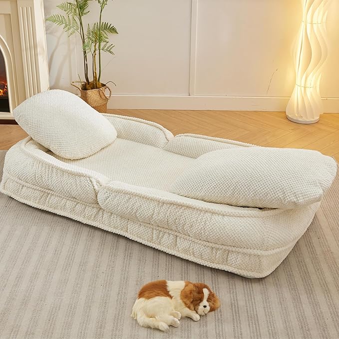Lazy Sofa Couch 5 Adjustable Position Floor Sofa Fits with 2 Pillows Folding Tatami Lazy Bed Suit to Put in Bedroom Living Room (White)