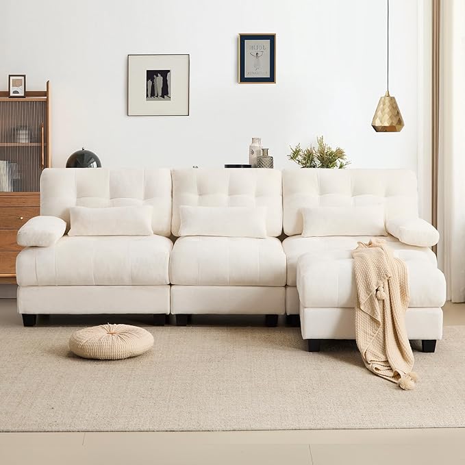 93'' Modular Sectional Sleeper Sofa with 1 OttomanDeep Seat Cloud Couch L Shaped Sofa camaConvertible Upholstered Comfy Chenille Sectional Sofa for Living RoomBedroom(Lvory)