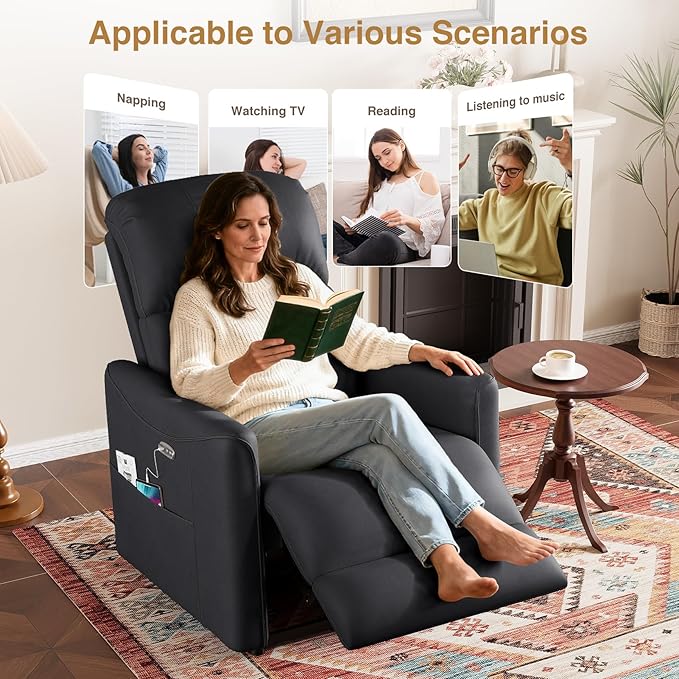 Power Recliner Chair Reclining Chair PU Leather Small Recliners for Small Spaces Infinite Position Electric Recliner Chairs for Adults Electric Recliners with USB Port &amp Side Pocket Black