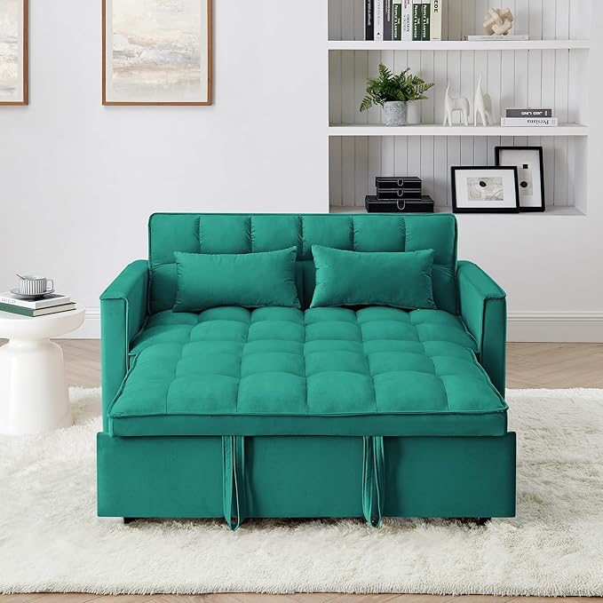 KEIKI 54.33 Pull-Out Sofa Couch Bed 2 in 1 Convertible Velvet Sleeper Sofa with Adjustable Back for Apartment Living Room Antique Green