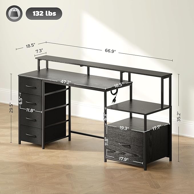 66.9'' Gaming Desk with 4 Fabric Drawers &amp File Cabinet Modern Computer Desk with Power Outlets and LED Lights Home Office Desk PC Desks for Home Office Study (Black)
